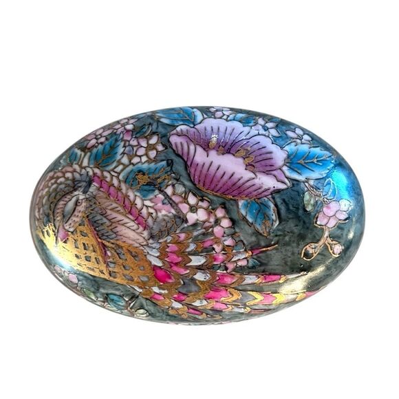 Chinese Porcelain Floral Peacock Trinket Dish w/Lid - Picture 3 of 7